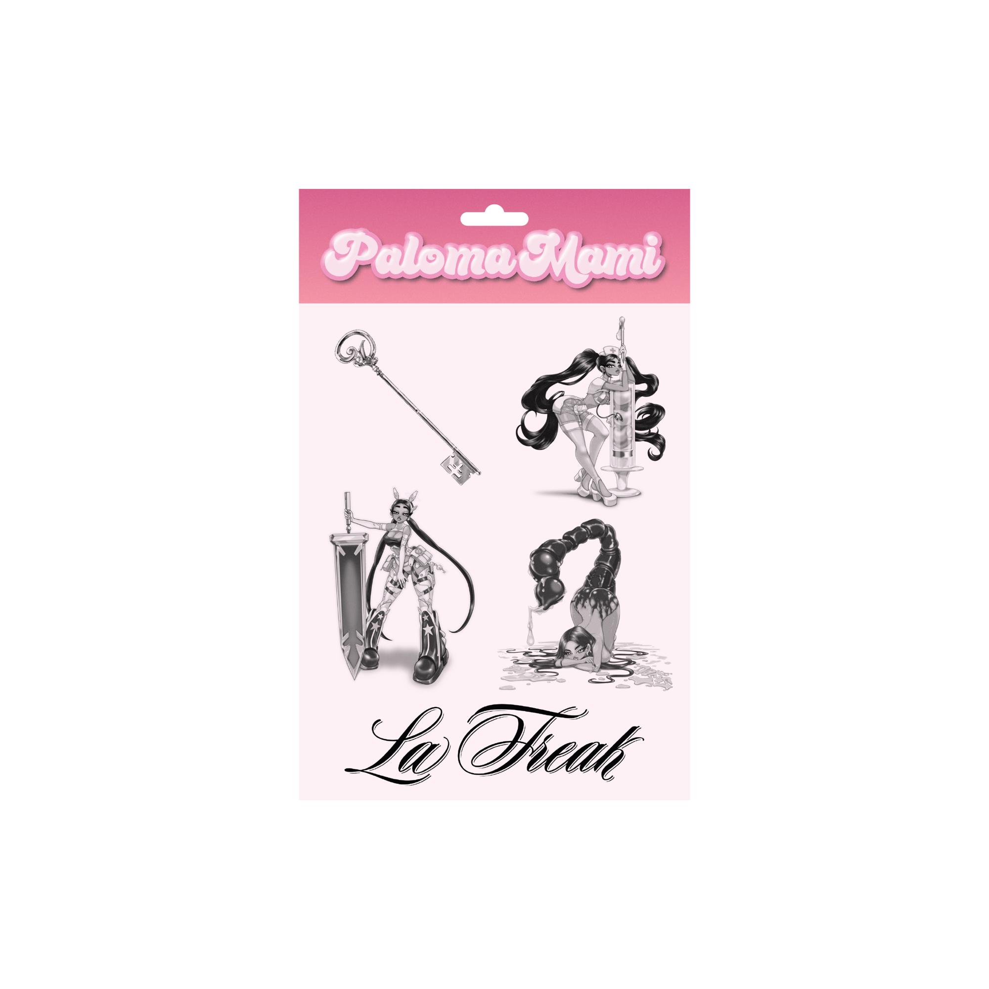 Packaged product with illustrations and 'Paloma Momi' branding on a pink background