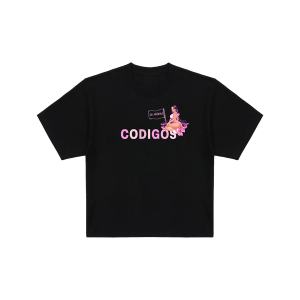 Black t-shirt with 'CODIGOS' logo on a white background